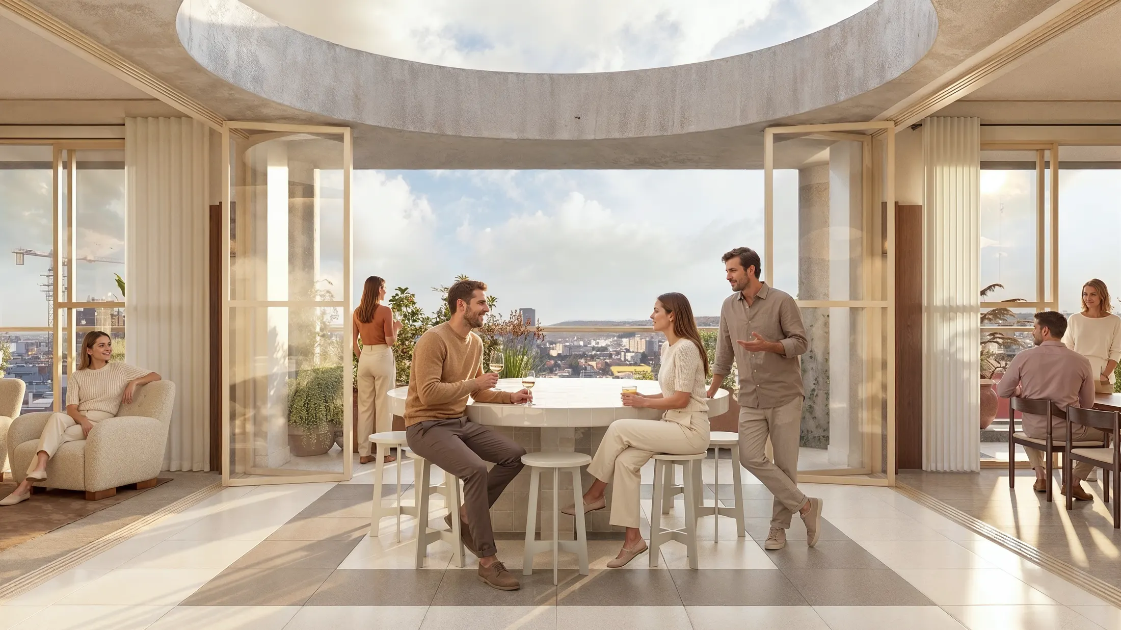 Rooftop de Louisa bajo el óculo, con barra alta y vista a la ciudad