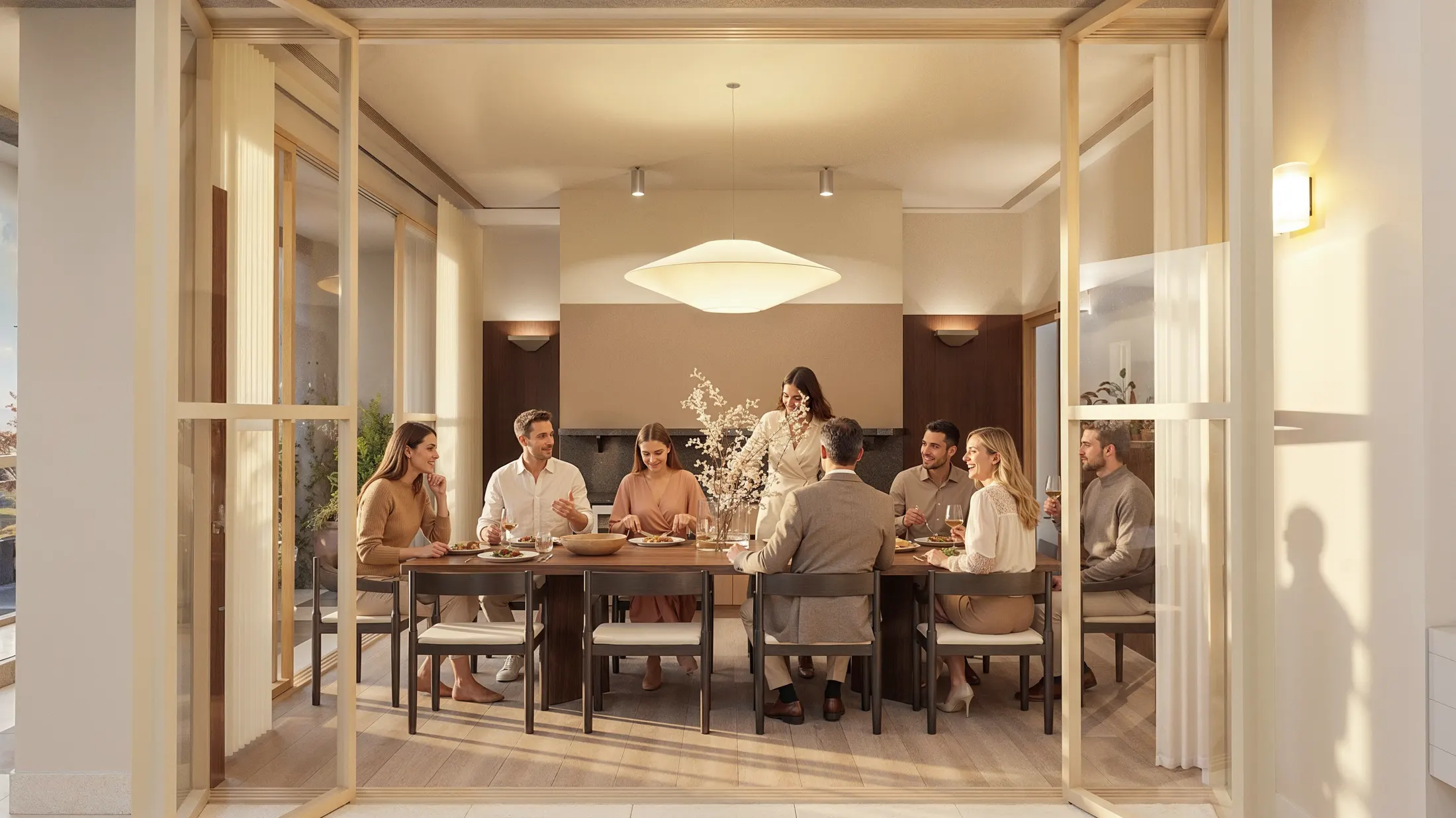 Cocina y comedor lounge del rooftop con una mesa larga