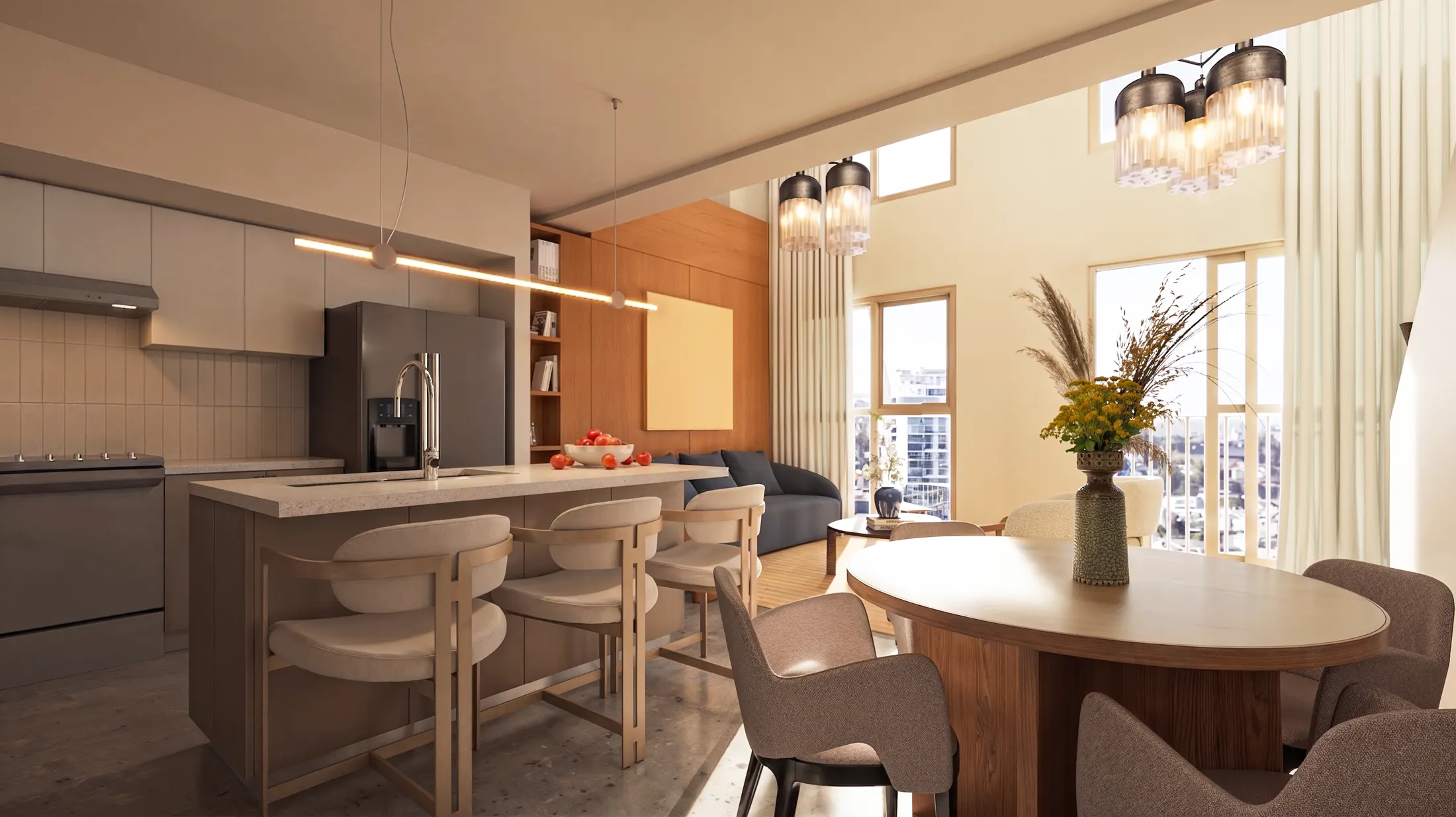 Cocina con isla y comedor del penthouse