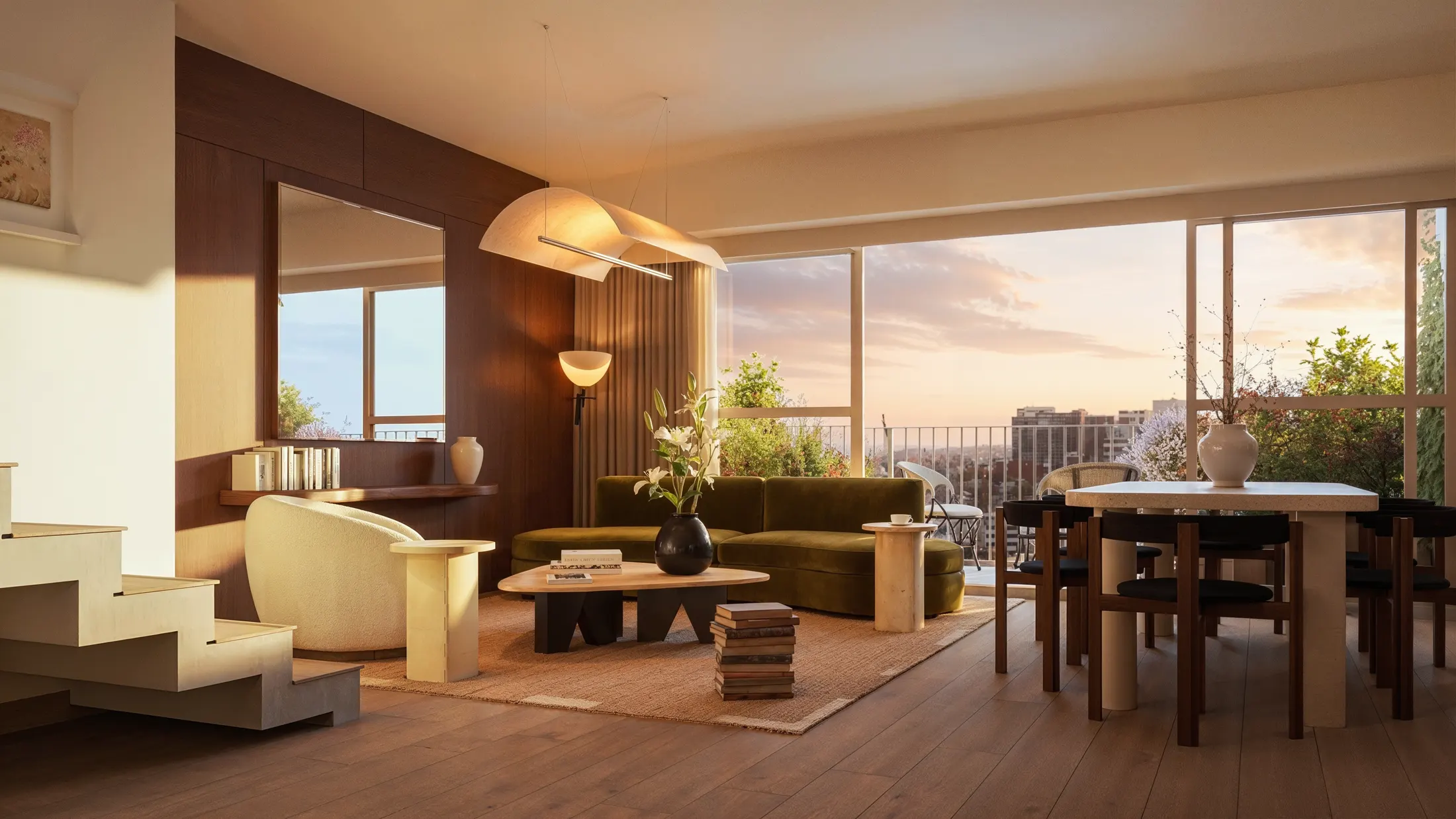 Pent garden con escalera interior y vista al atardecer